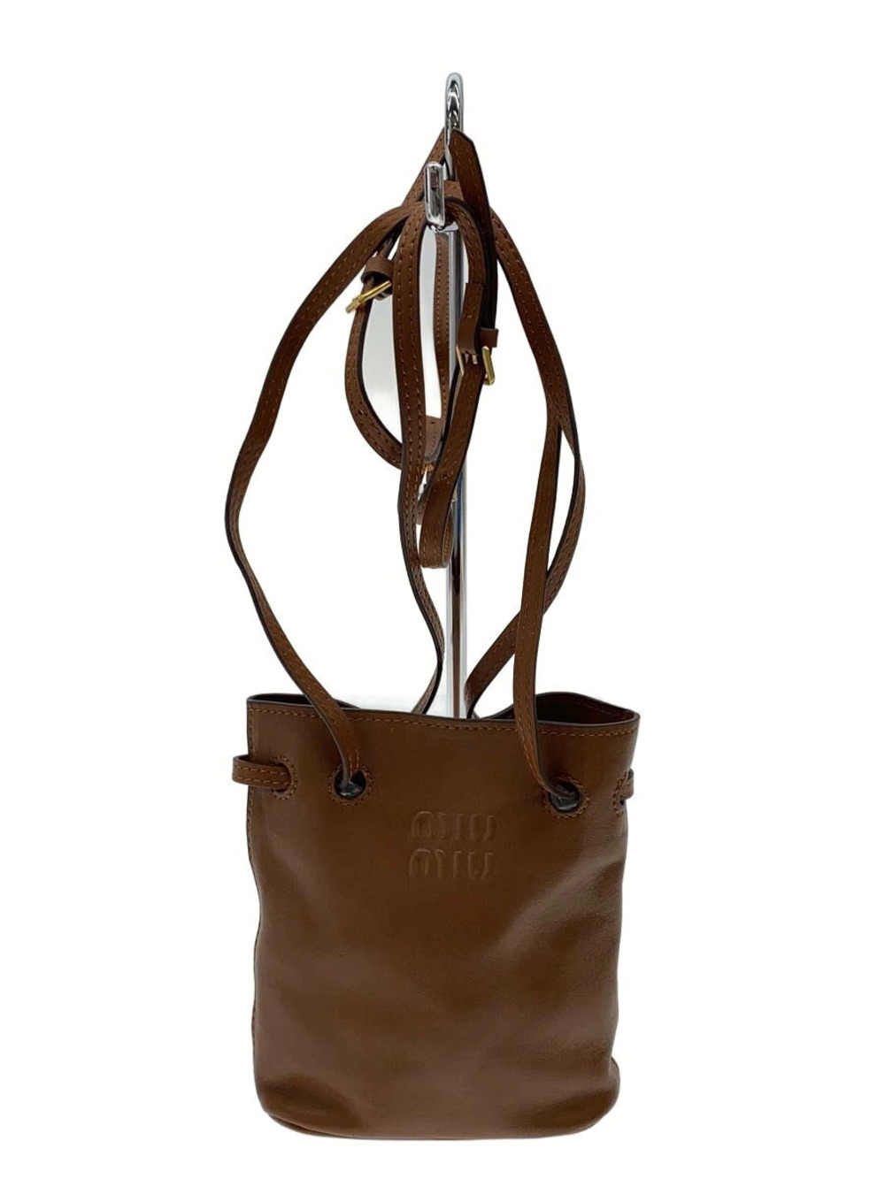 Miu Miu Nappa Leather Bag embossed lettering logo drawstring Brown